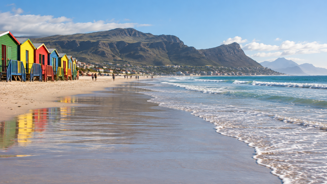 Muizenberg beach with colourful huts and False Bay mountains